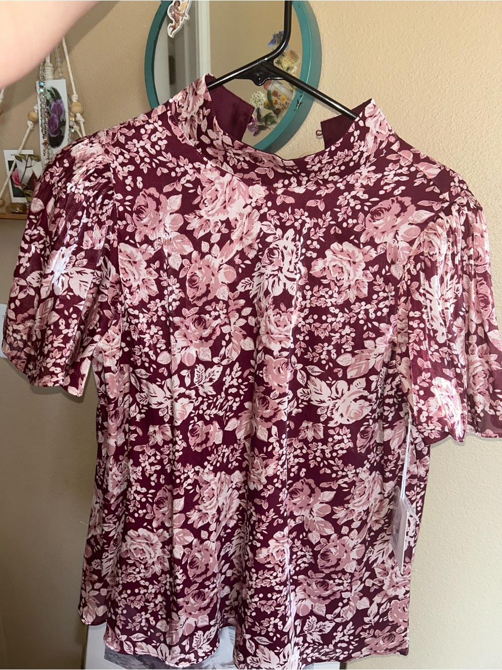 LC Lauren Conrad Burgundy Floral Mock Neck Blouse